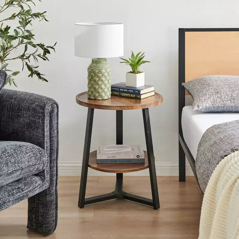 Danya B. 23.3"x19.7" Mason Round 2 Tier Mid-Century Side Accent Table with Modern Pedestal Legs Walnut/Black: Space-Saving, MDF Laminate