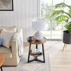 Danya B. 23.3"x19.7" Mason Round 2 Tier Mid-Century Side Accent Table with Modern Pedestal Legs Walnut/Black: Space-Saving, MDF Laminate