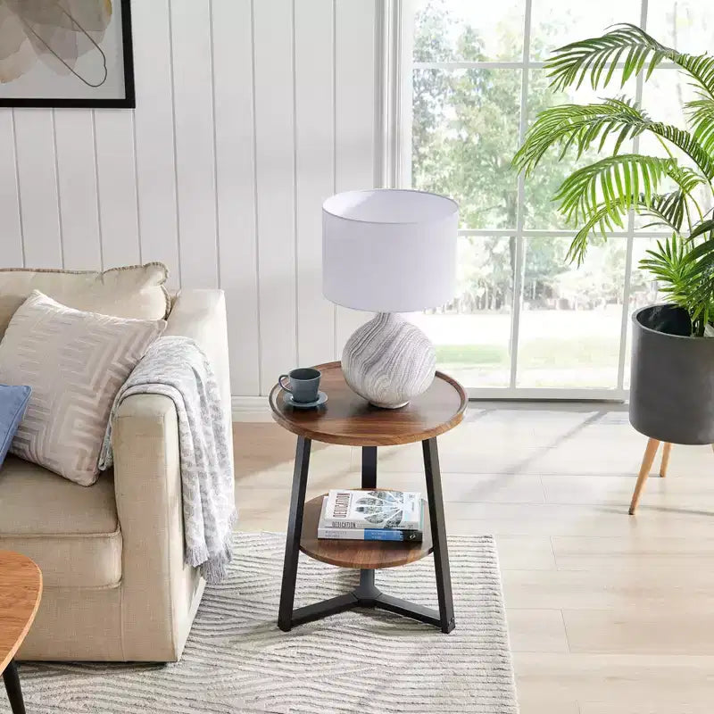 Danya B. 23.3"x19.7" Mason Round 2 Tier Mid-Century Side Accent Table with Modern Pedestal Legs Walnut/Black: Space-Saving, MDF Laminate
