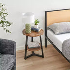 Danya B. 23.3"x19.7" Mason Round 2 Tier Mid-Century Side Accent Table with Modern Pedestal Legs Walnut/Black: Space-Saving, MDF Laminate