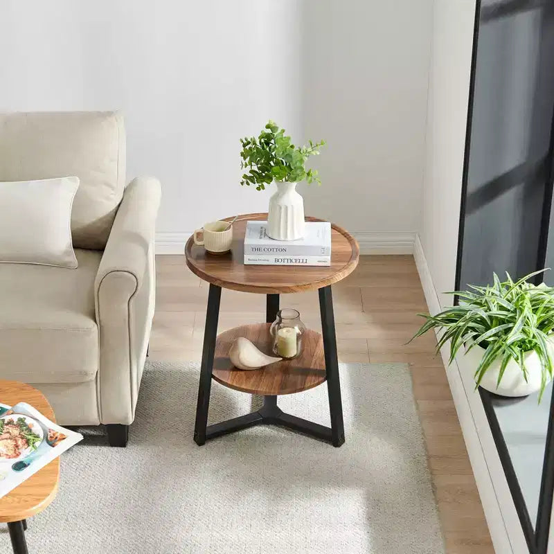 Danya B. 23.3"x19.7" Mason Round 2 Tier Mid-Century Side Accent Table with Modern Pedestal Legs Walnut/Black: Space-Saving, MDF Laminate