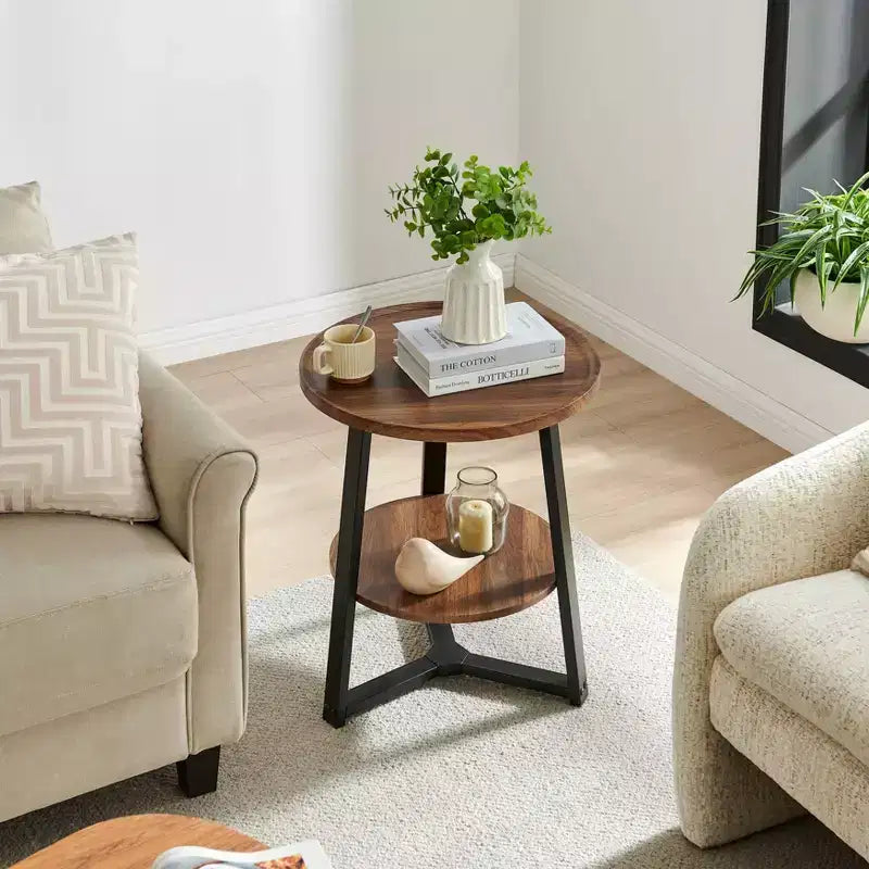 Danya B. 23.3"x19.7" Mason Round 2 Tier Mid-Century Side Accent Table with Modern Pedestal Legs Walnut/Black: Space-Saving, MDF Laminate