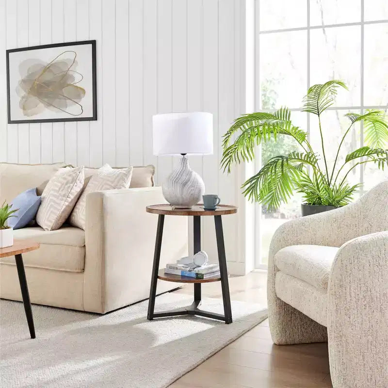 Danya B. 23.3"x19.7" Mason Round 2 Tier Mid-Century Side Accent Table with Modern Pedestal Legs Walnut/Black: Space-Saving, MDF Laminate
