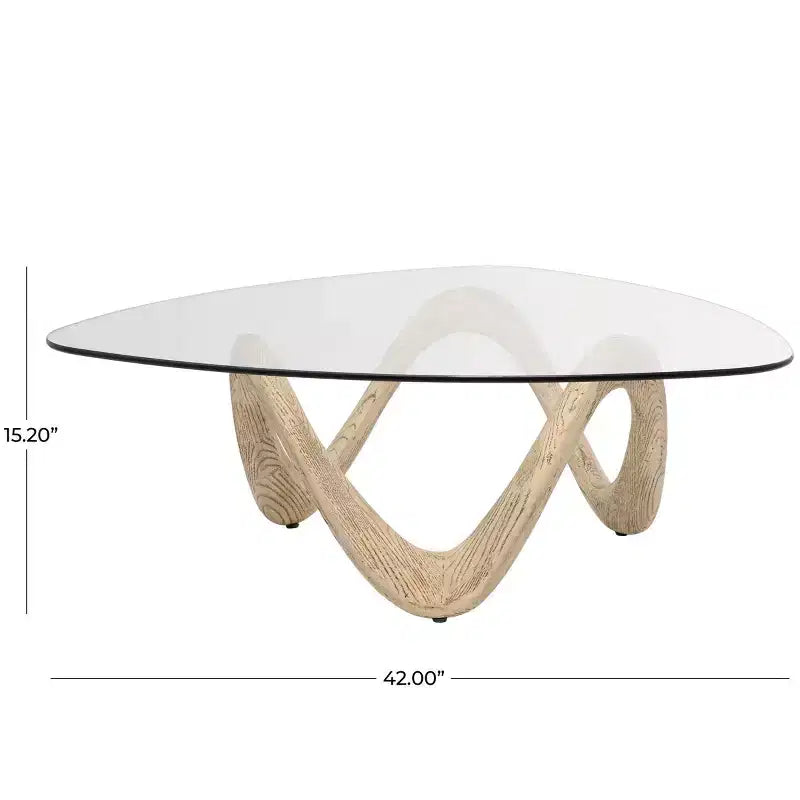 Olivia & May Cement Abstract Coffee Table with Abstract Wavy Base and Triangular Glass Top Beige
