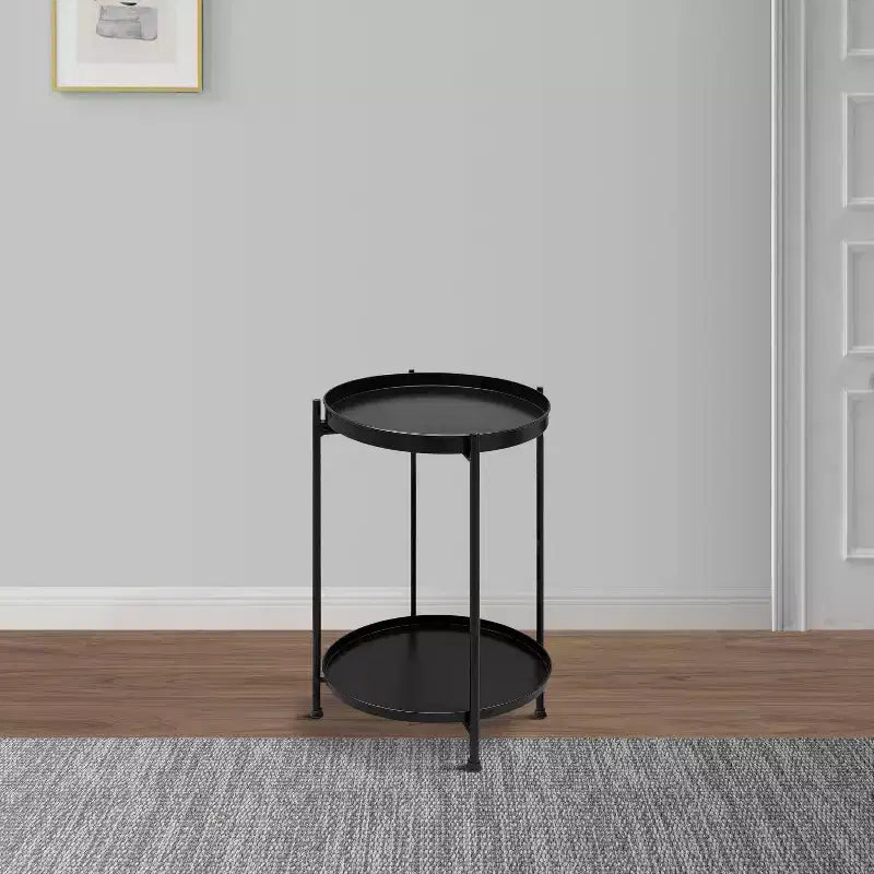 The Urban Port 15" Modern Side End Table Metal Round Tray Top Foldable Legs Black
