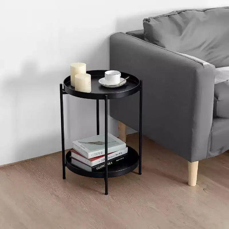 The Urban Port 15" Modern Side End Table Metal Round Tray Top Foldable Legs Black