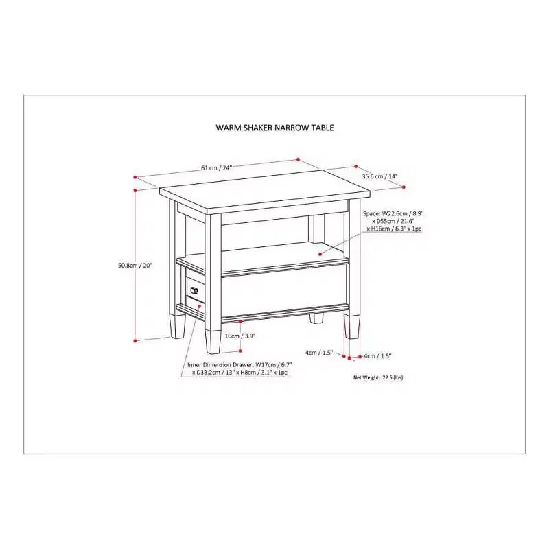 Tavolino stretto Norfolk marrone carbone anticato - WyndenHall: legno di pino, 1 cassetto, ripiano aperto, altezza 50,8 cm