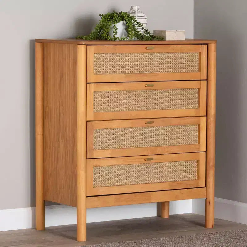 Baxton Studio Jenn Wood 4 Drawer Chest with Distressed Finished Rattan Golden Brown/Distressed Rattan