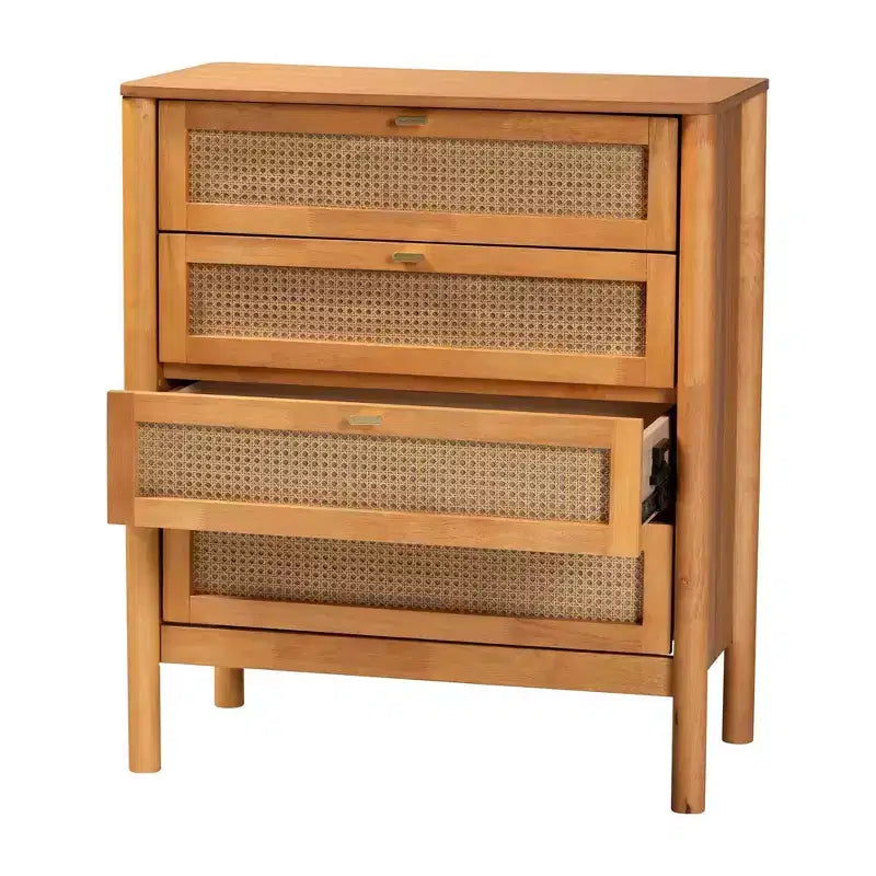 Baxton Studio Jenn Wood 4 Drawer Chest with Distressed Finished Rattan Golden Brown/Distressed Rattan