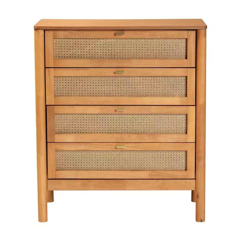 Baxton Studio Jenn Wood 4 Drawer Chest with Distressed Finished Rattan Golden Brown/Distressed Rattan