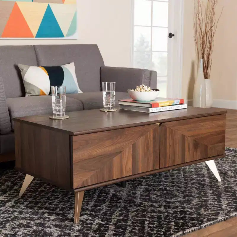 Graceland 2 Drawer Wooden Coffee Table Walnut Brown/Gold - Baxton Studio: Mid-Century Storage, Rectangular Shape
