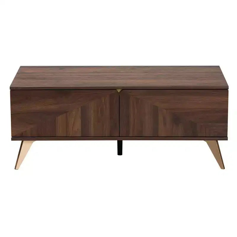Graceland 2 Drawer Wooden Coffee Table Walnut Brown/Gold - Baxton Studio: Mid-Century Storage, Rectangular Shape