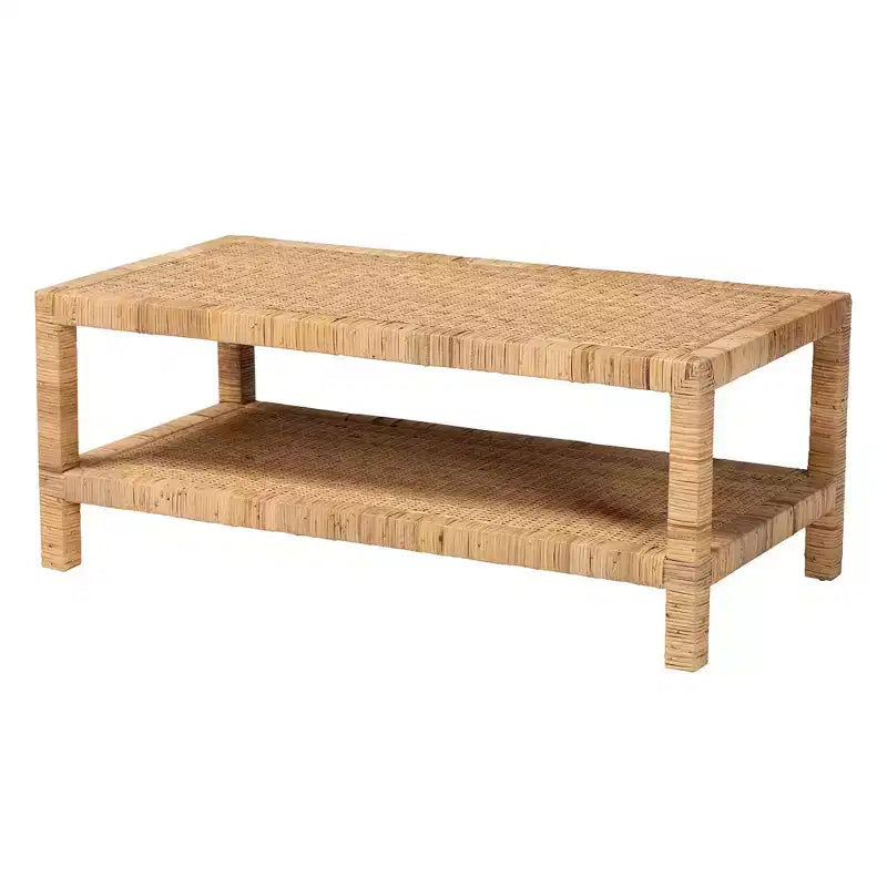 bali & pari Kalimantan Rattan and Mahogany Wood Rectangle Coffee Table Light Honey