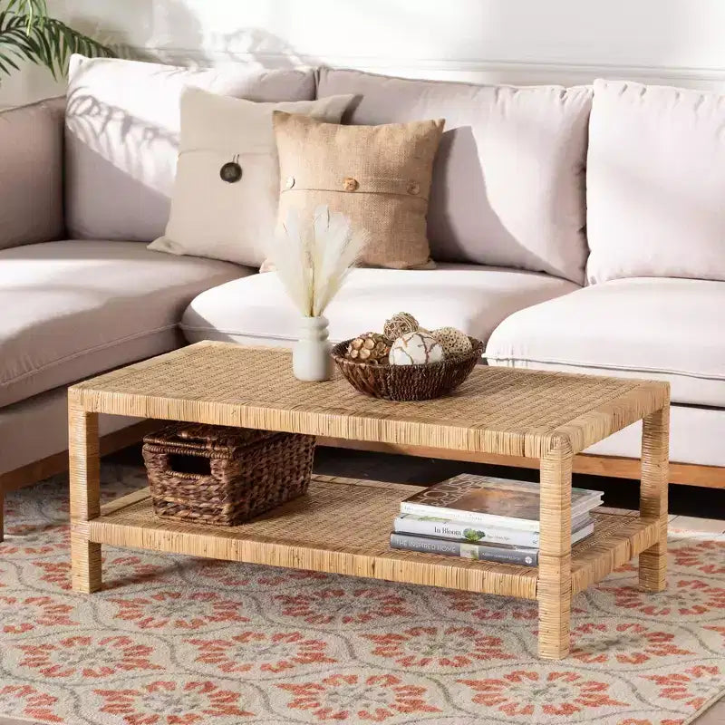 bali & pari Kalimantan Rattan and Mahogany Wood Rectangle Coffee Table Light Honey
