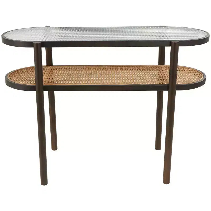 Olivia & May Rattan Console Table with Pressed Tempered Glass Top Brown: Farmhouse Style, No Assembly Required