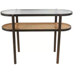 Olivia & May Rattan Console Table with Pressed Tempered Glass Top Brown: Farmhouse Style, No Assembly Required