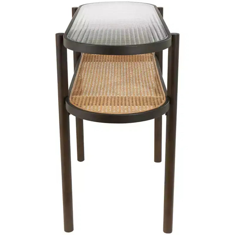Olivia & May Rattan Console Table with Pressed Tempered Glass Top Brown: Farmhouse Style, No Assembly Required