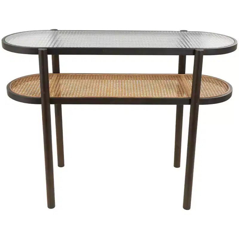 Olivia & May Rattan Console Table with Pressed Tempered Glass Top Brown: Farmhouse Style, No Assembly Required