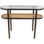 Olivia & May Rattan Console Table with Pressed Tempered Glass Top Brown: Farmhouse Style, No Assembly Required