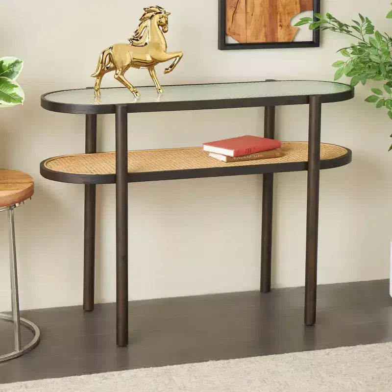 Olivia & May Rattan Console Table with Pressed Tempered Glass Top Brown: Farmhouse Style, No Assembly Required