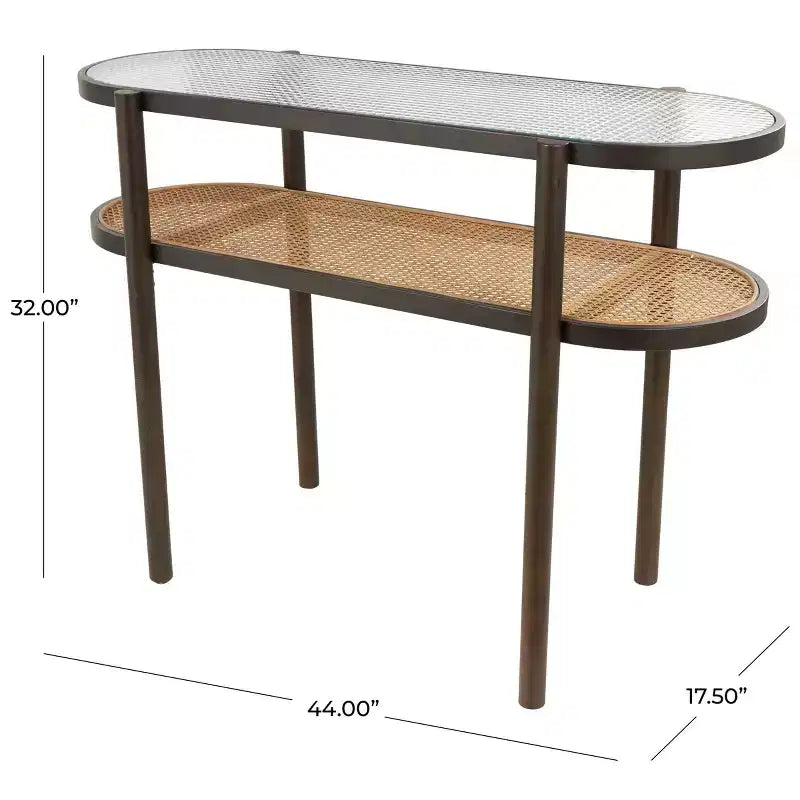Olivia & May Rattan Console Table with Pressed Tempered Glass Top Brown: Farmhouse Style, No Assembly Required