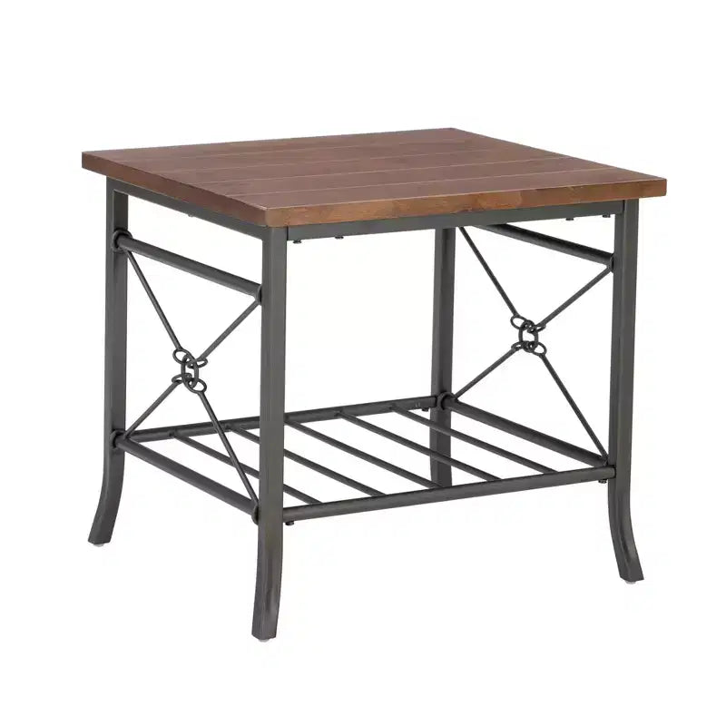 Powell Richie 3pc Coffee and Side Table Set Dark Bronze Finish Metal and Chestnut Vaneer Top: Rectangle Living Room Furniture Set