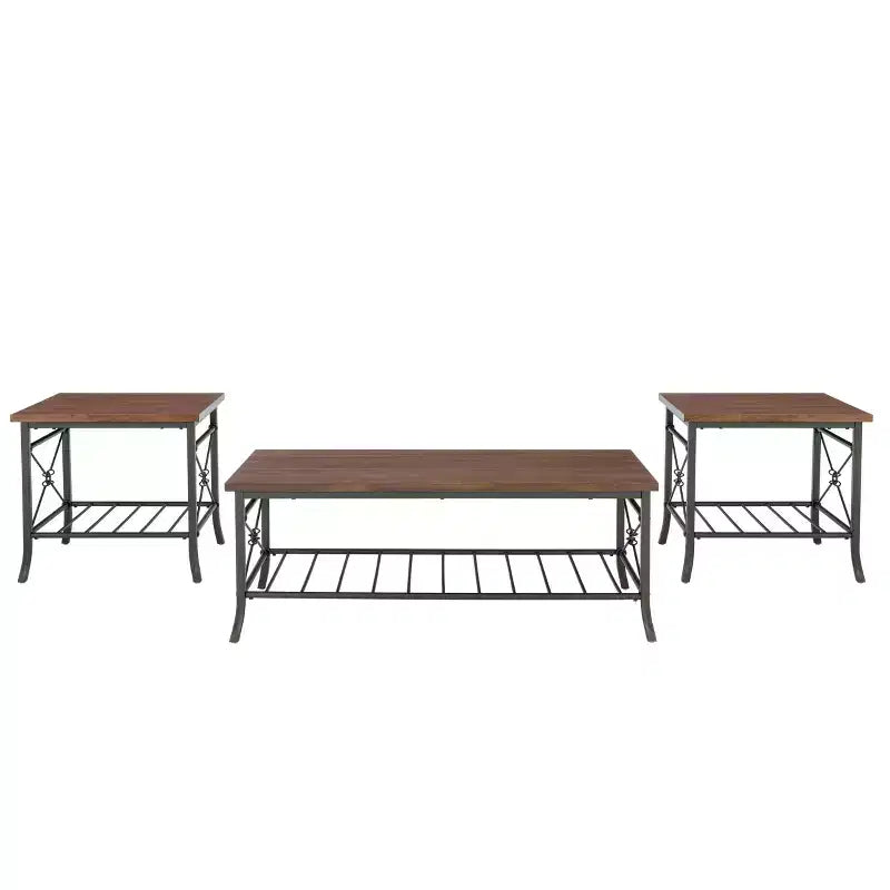 Powell Richie Set Tavolino da Caffè e Tavolini Laterali 3 Pezzi con Finitura in Bronzo Scuro e Piano Impiallacciato Noce: Set di Mobili per Soggiorno Rettangolari