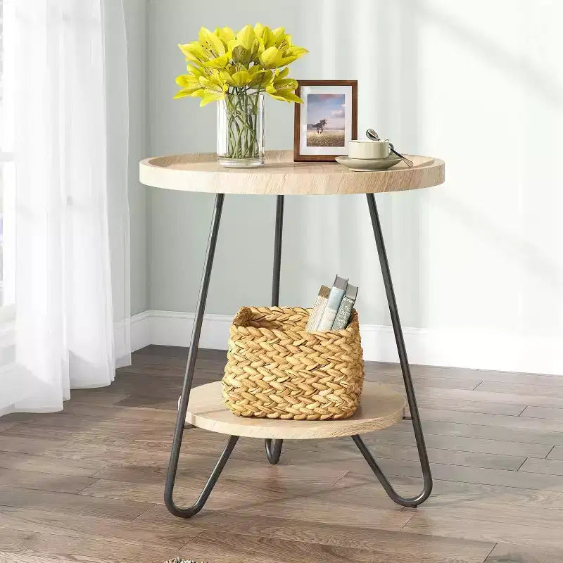 LITTLE TREE 2 Tier Round End Table Rustic Brown