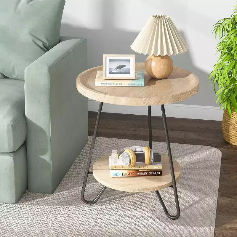 LITTLE TREE 2 Tier Round End Table Rustic Brown