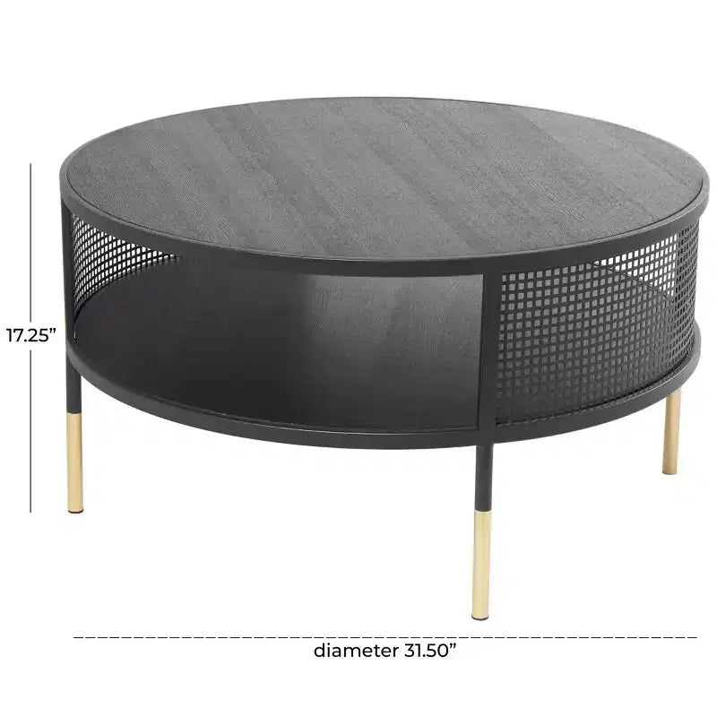 Olivia & May Metal Open Grid Frame 1 Shelf Coffee Table with Gold Legs Black: Modern Drum Style, No Assembly Required