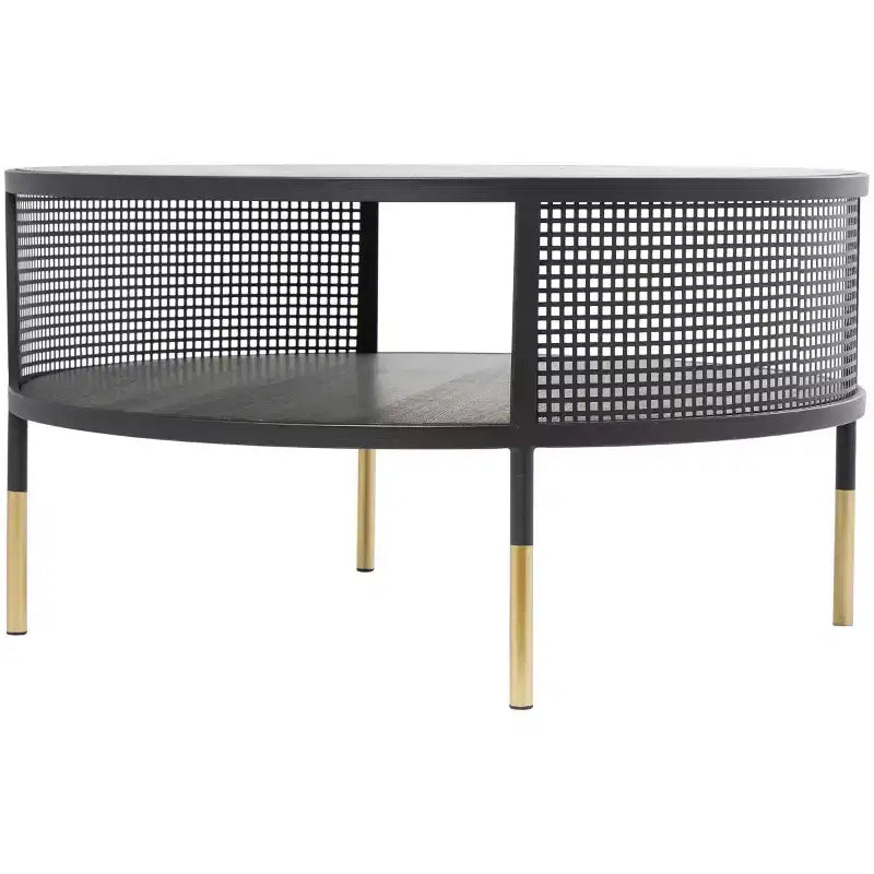 Olivia & May Metal Open Grid Frame 1 Shelf Coffee Table with Gold Legs Black: Modern Drum Style, No Assembly Required