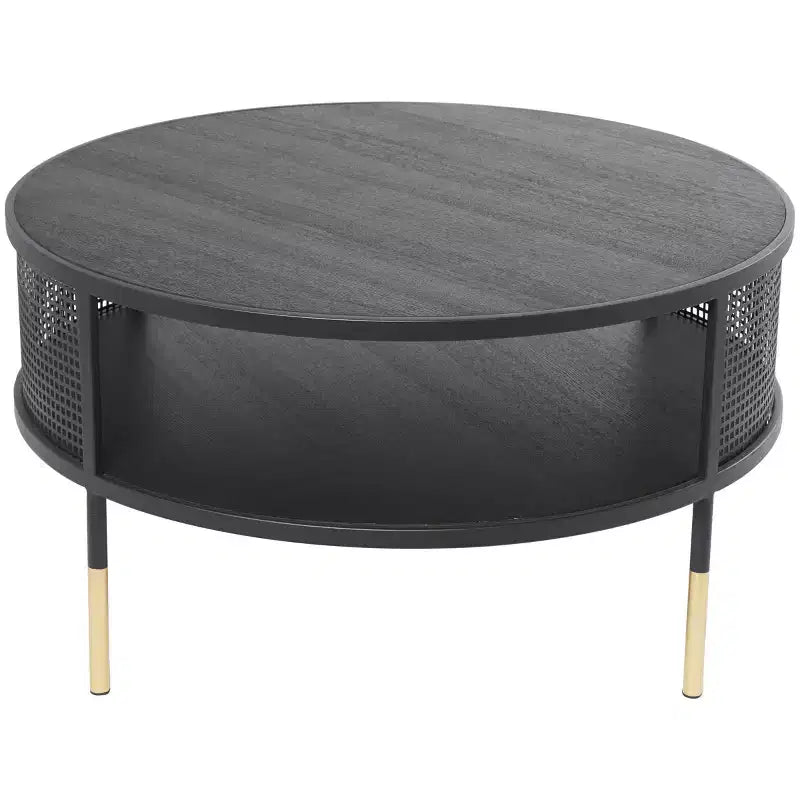 Olivia & May Metal Open Grid Frame 1 Shelf Coffee Table with Gold Legs Black: Modern Drum Style, No Assembly Required
