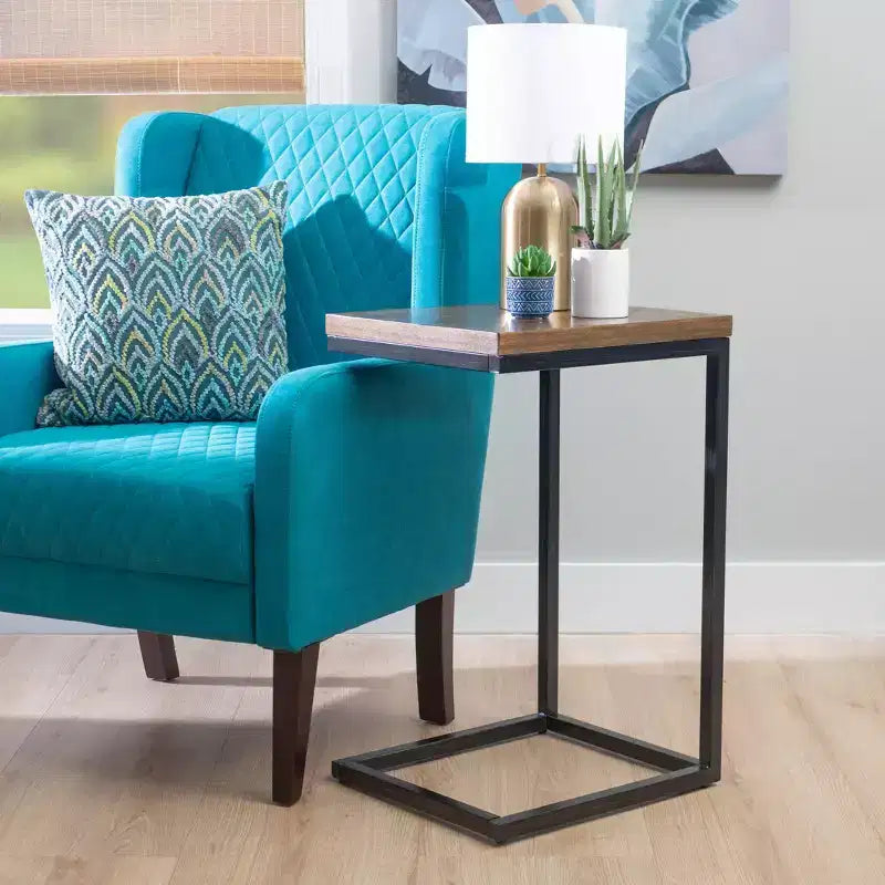 Hamri Traditional C Style Accent Table Walnut Wood and Hand Distressed Black Metal Frame - Powell: Sofa Side, Bedroom Use