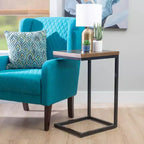 Hamri Traditional C Style Accent Table Walnut Wood and Hand Distressed Black Metal Frame - Powell: Sofa Side, Bedroom Use