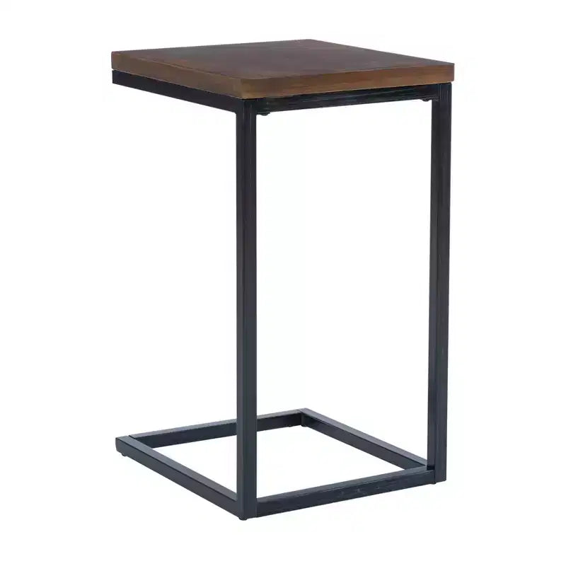 Hamri Traditional C Style Accent Table Walnut Wood and Hand Distressed Black Metal Frame - Powell: Sofa Side, Bedroom Use