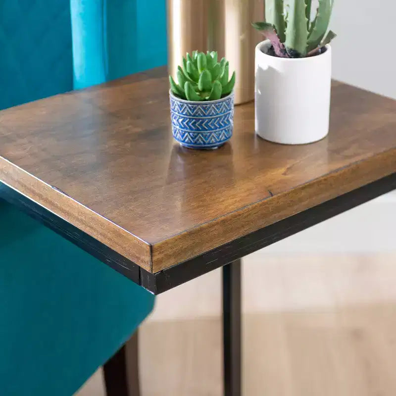 Hamri Traditional C Style Accent Table Walnut Wood and Hand Distressed Black Metal Frame - Powell: Sofa Side, Bedroom Use