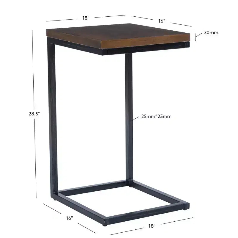 Hamri Traditional C Style Accent Table Walnut Wood and Hand Distressed Black Metal Frame - Powell: Sofa Side, Bedroom Use