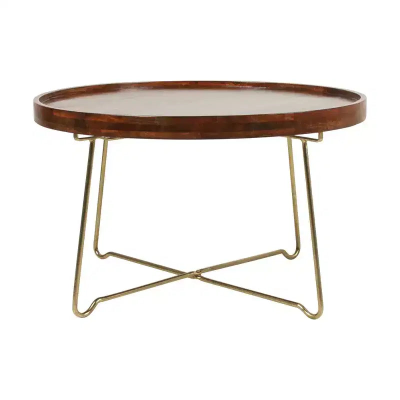 East at Main 32.38" Round Coffee Table Natural/Gold: Mango Wood Top, Criss Cross Brass Base, No Assembly Required