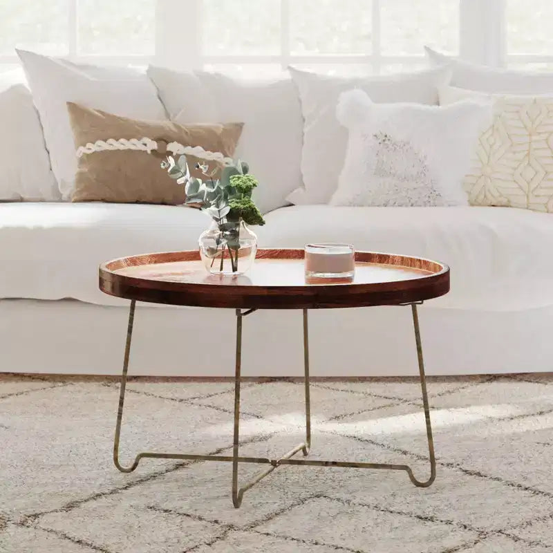East at Main 32.38" Round Coffee Table Natural/Gold: Mango Wood Top, Criss Cross Brass Base, No Assembly Required