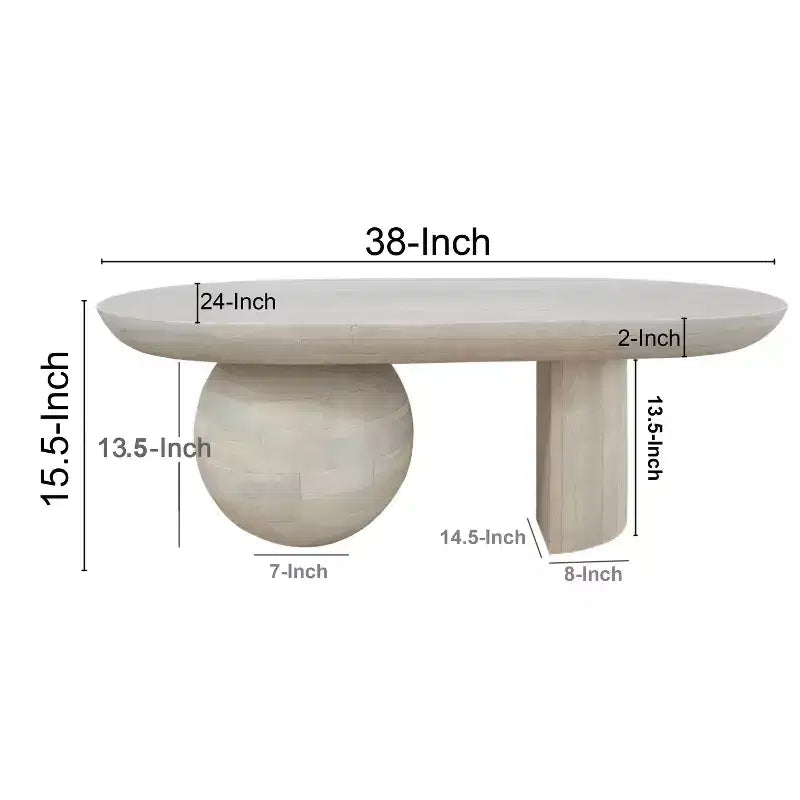 The Urban Port 38" Coffee Table Oblong Mango Wood Top with A Modern Ball Leg Washed White