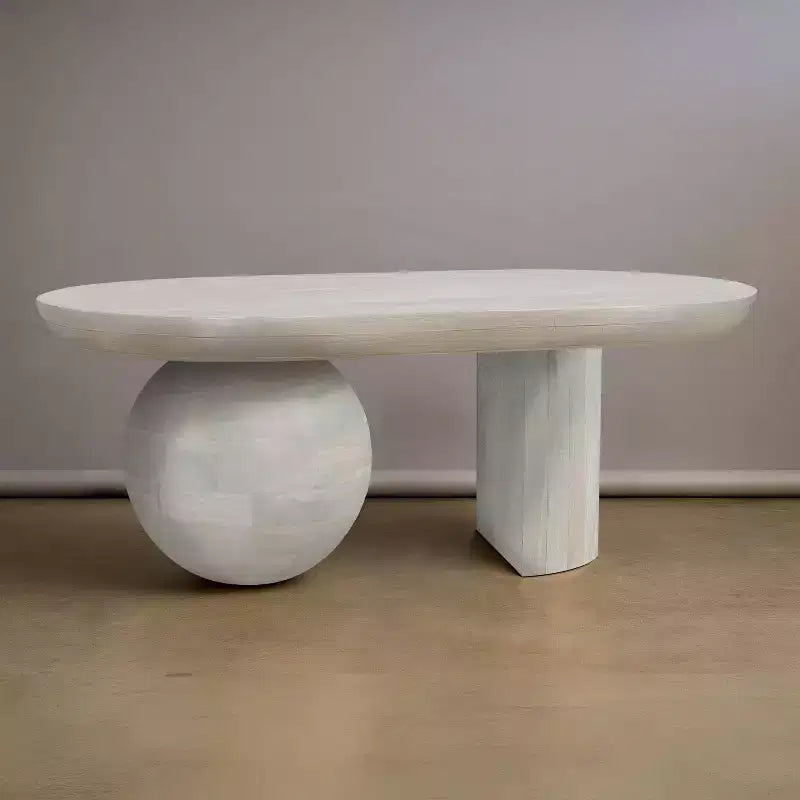 The Urban Port 38" Coffee Table Oblong Mango Wood Top with A Modern Ball Leg Washed White