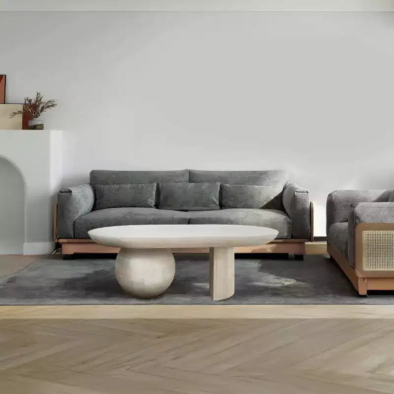 The Urban Port 38" Coffee Table Oblong Mango Wood Top with A Modern Ball Leg Washed White