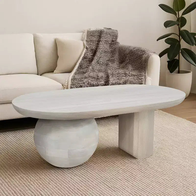 The Urban Port 38" Coffee Table Oblong Mango Wood Top with A Modern Ball Leg Washed White