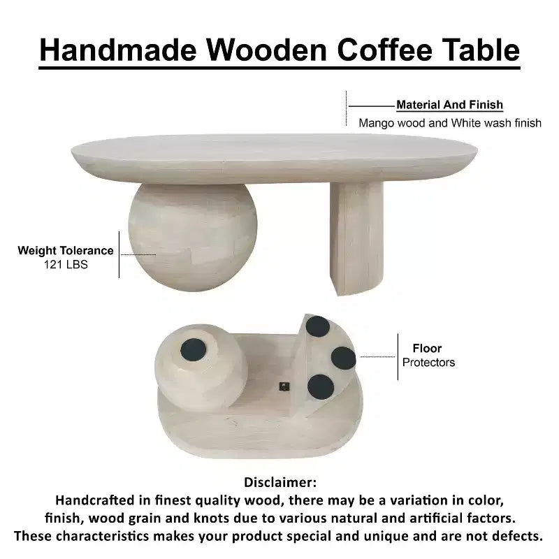The Urban Port 38" Coffee Table Oblong Mango Wood Top with A Modern Ball Leg Washed White