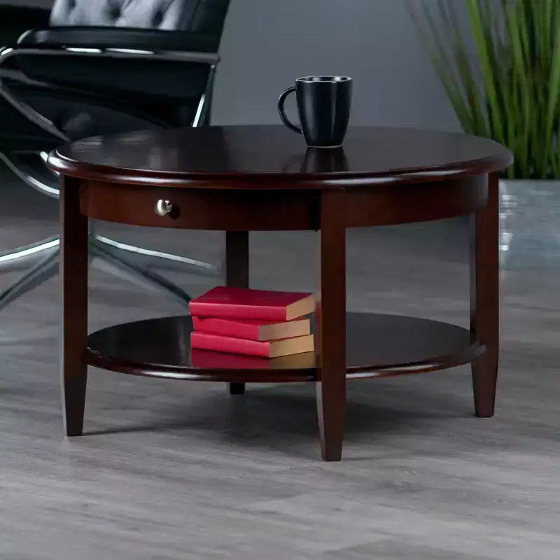 Concord Round Coffee Table with Drawer and Shelf - Antique Walnut - Winsome