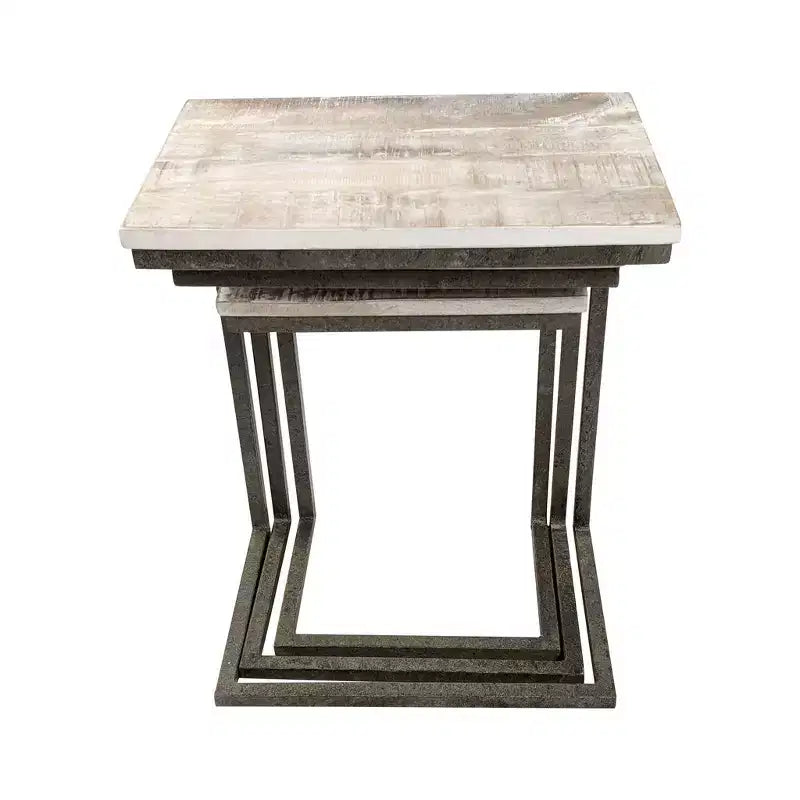 Set di Tavolini Nido Addison Carolina Living, Legno Naturale/Ferro Invecchiato: 3 Pezzi, Mango Massiccio, Struttura in Metallo, Nessun Montaggio Richiesto