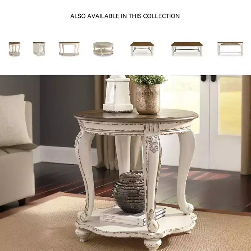 Realyn Coffee Table White/Brown - Signature Design by Ashley: Cottage Style, Distressed Wood Finish, Curved Legs