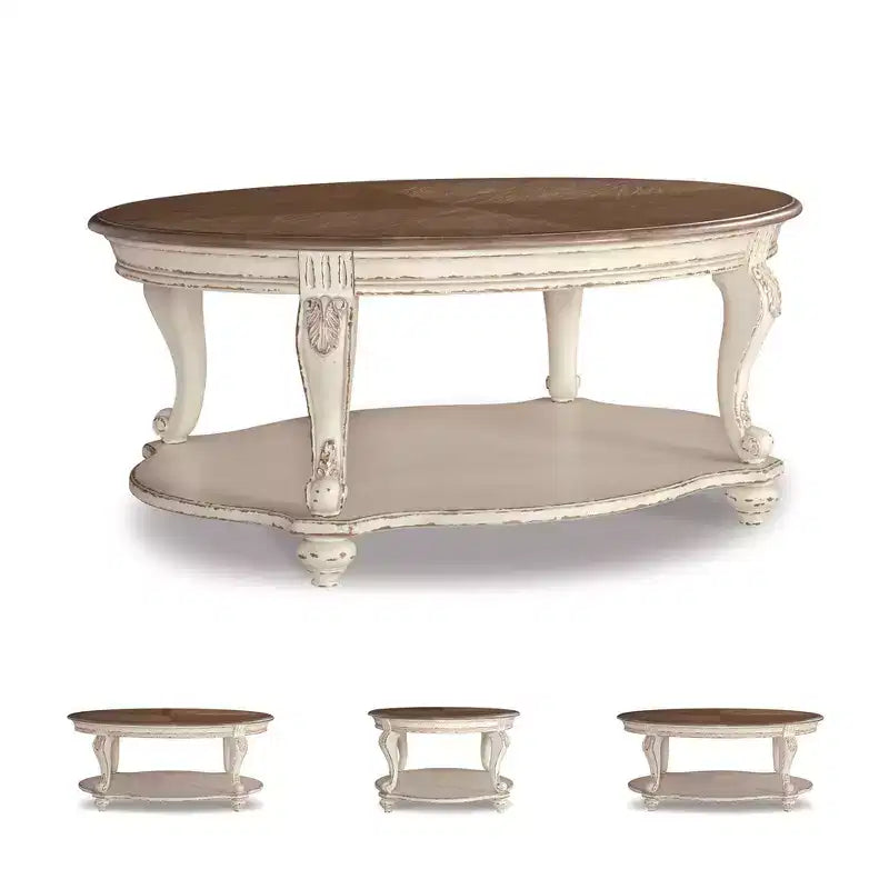 Realyn Coffee Table White/Brown - Signature Design by Ashley: Cottage Style, Distressed Wood Finish, Curved Legs