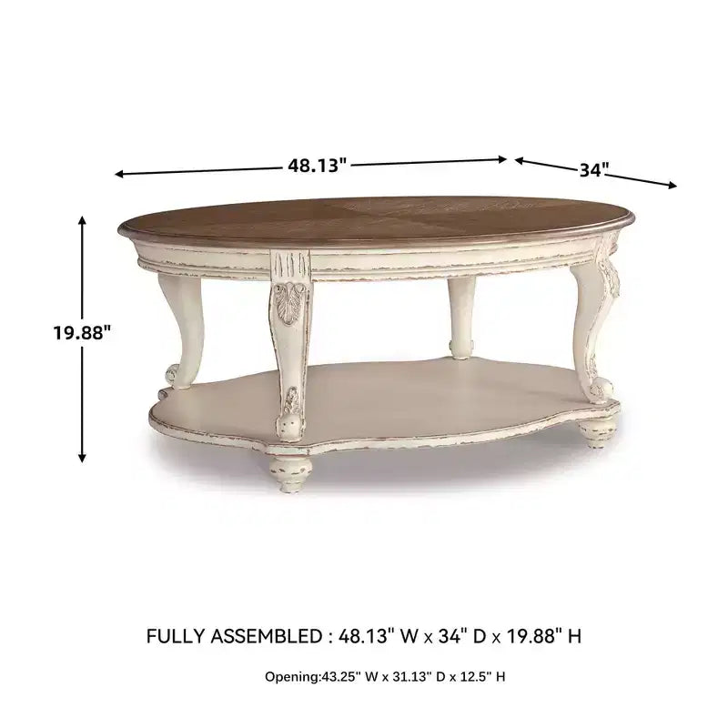 Realyn Coffee Table White/Brown - Signature Design by Ashley: Cottage Style, Distressed Wood Finish, Curved Legs