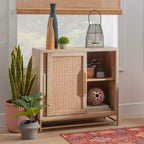 Gordon Transitional Sliding Natural Cane Door Cabinet with 1 Shelf and Gold Metal Base - Powell